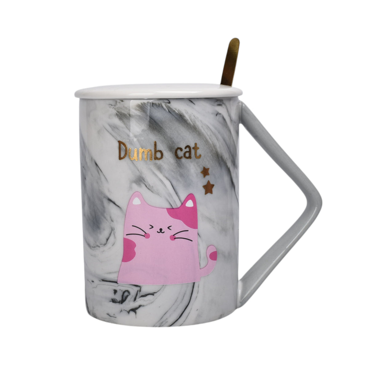 mug pocillo con tapa y  cuchara de ceramica diseño gatos 430ml dim:8x8x11