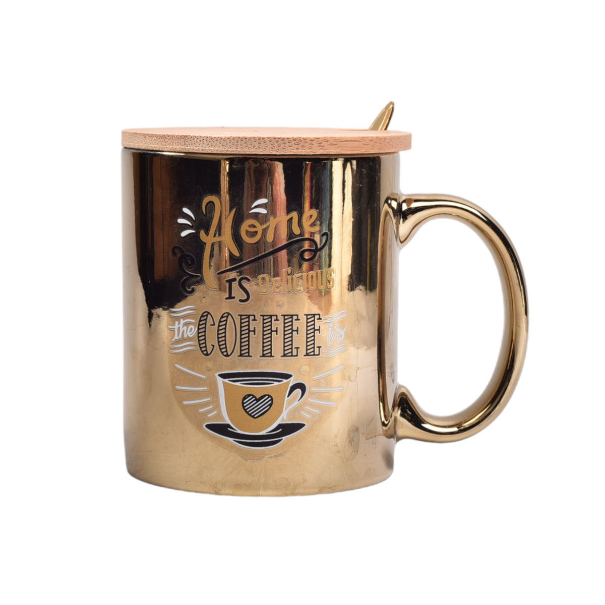 pocillo tornasol mug ceramica con tapa madera y cuchara