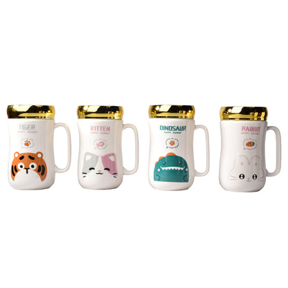 MUG POCILLO CERAMICA DISEÑOS DE ANIMALES CON TAPA DE 400ML