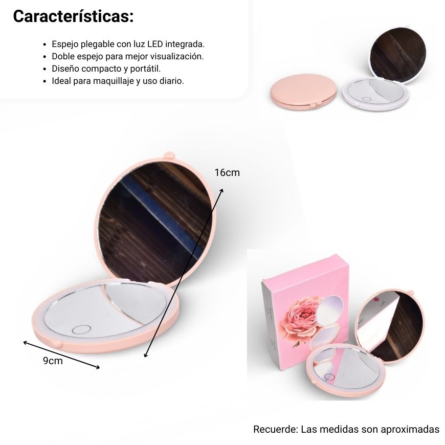 espejo recargable con luz cartera plastico dim: 9x9x1