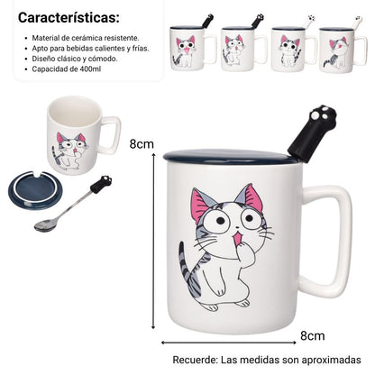 MUG POCILLO CON TAPA CERAMICA Y CUCHARA 400ML DIM:8X8X10