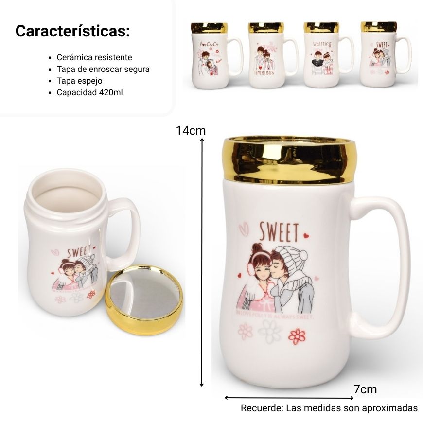 mug pocillo ceramica tapa espejo 420ml dim:7x7x14