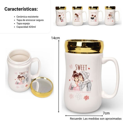 MUG POCILLO CERAMICA TAPA ESPEJO 420ML DIM:7X7X14
