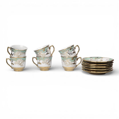 SET 6PCS POCILLO CERMICA CON PLATO VERDE ROSADO 90ML DIM:6X6X5
