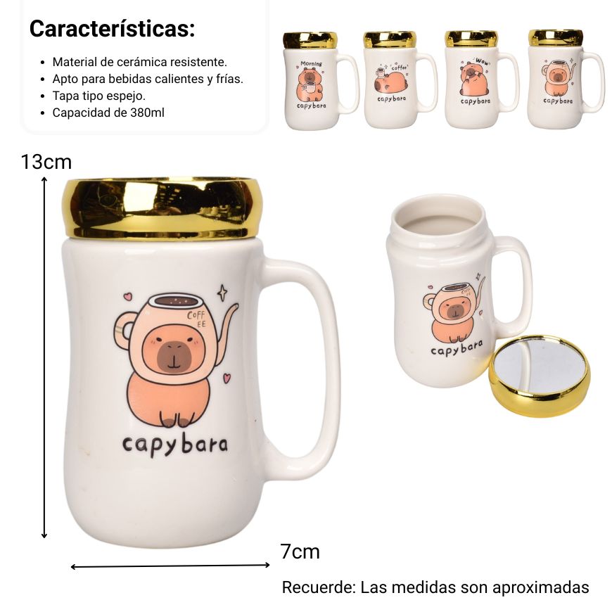 mug pocillo ceramica tapa espejo capybara 380ml