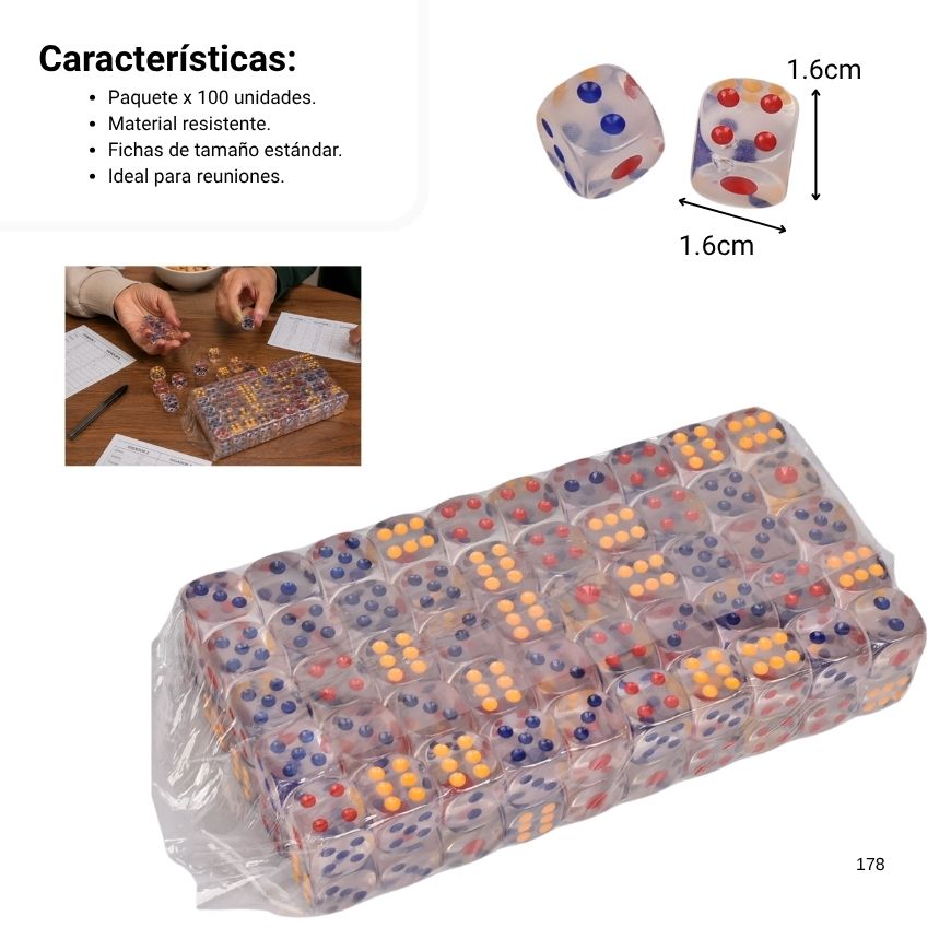 dados set 100pcs plastico dim:1.6x1.6x1.6cm
