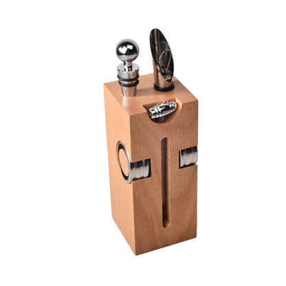 KIT DESCORCHADOR DE VINO ACERO INOXIDABLE CON BASE DE MADERA