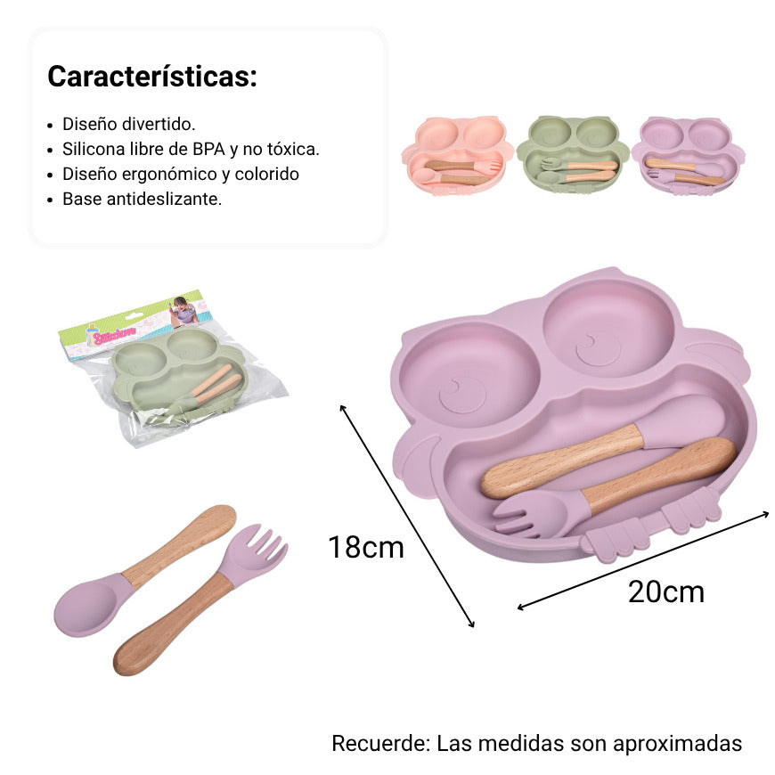 plato con cubierto silicona para niños dim:20x18x3
