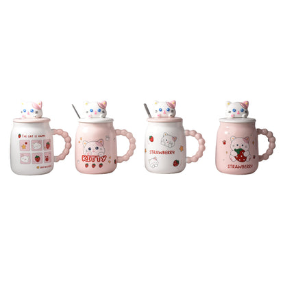 MUG POCILLO CON TAPA Y CUCHARA CERAMICA DISEÑOS GATOS 420ML