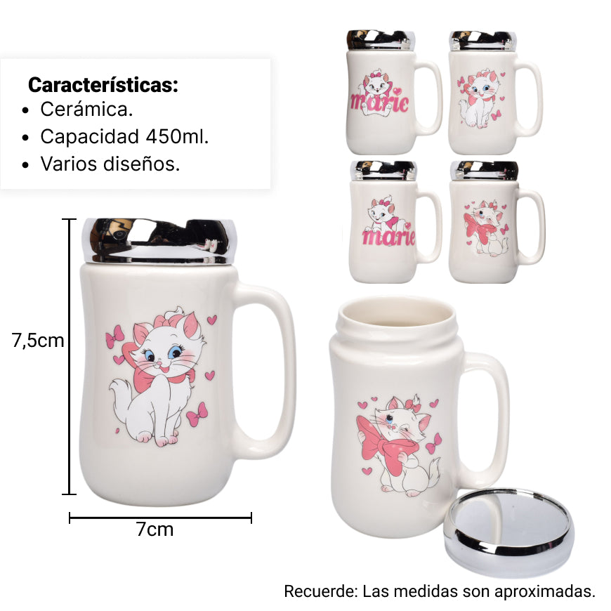 pocillo ceramica diseño gato con tapa 450ml dim:7x14
