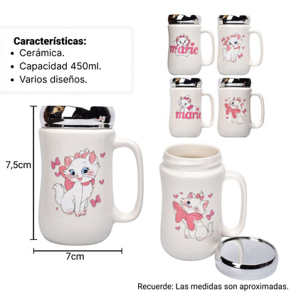 POCILLO CERAMICA DISEÑO GATO CON TAPA 450ML DIM:7X14