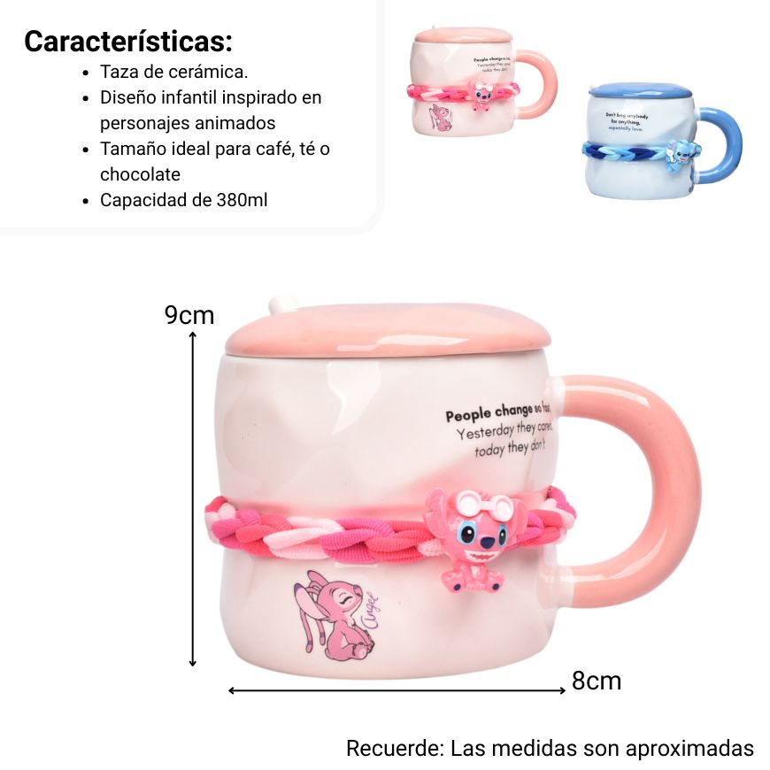 mug pocillo ceramica con tapa y cuchara personaje 380ml dim:9x8