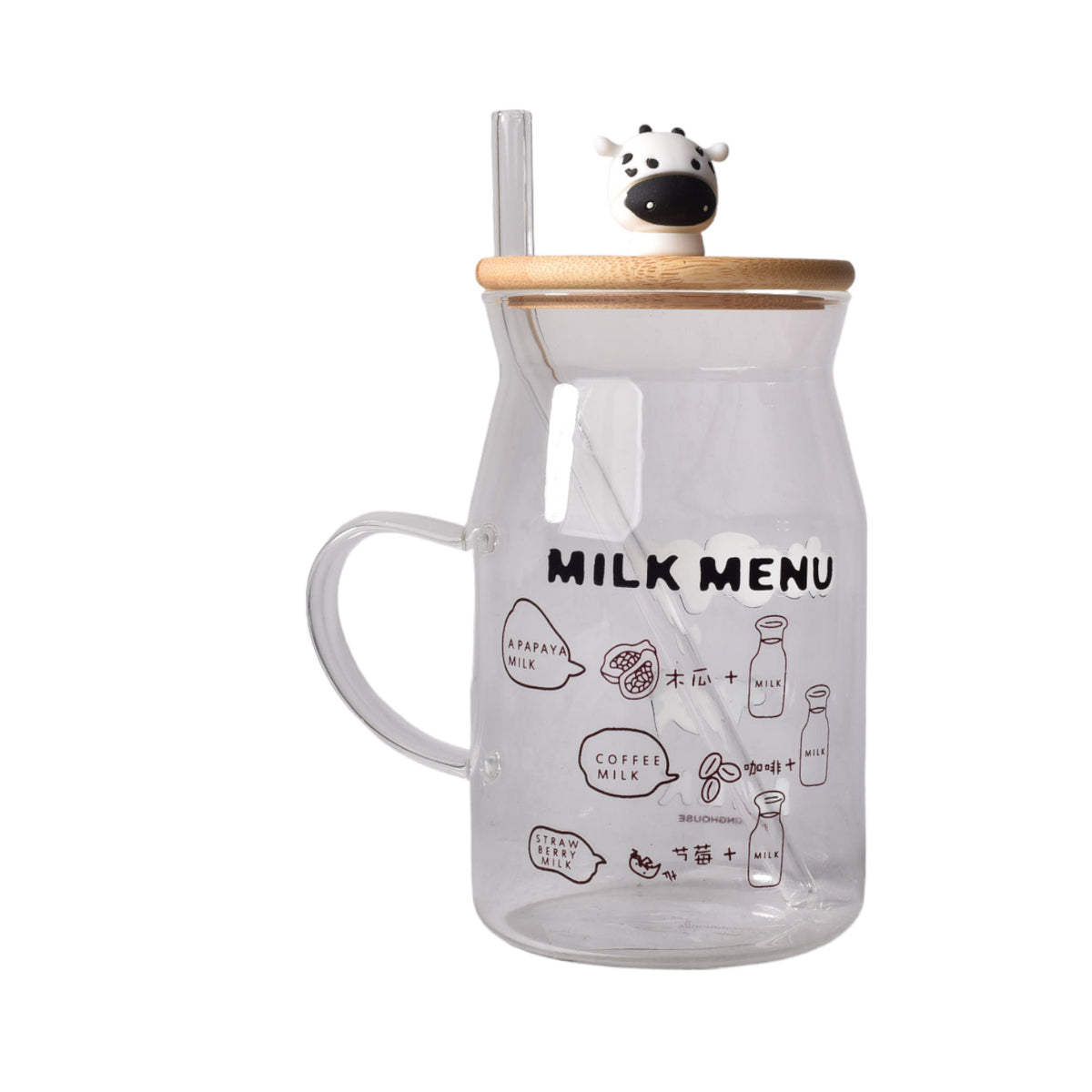 pocillo vidrio con tapa de madera y pitillo diseños de vacas