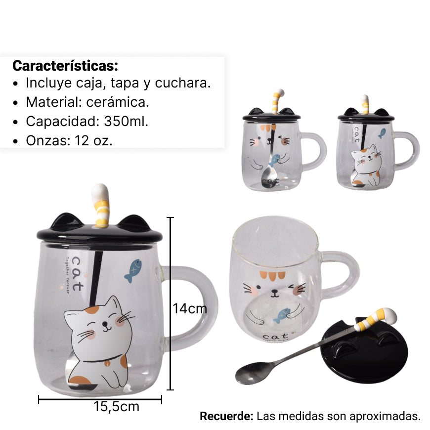 pocillo vidrio ceramica con tapa y cuchara diseños de gatos