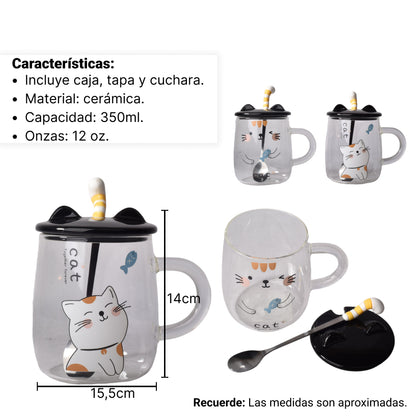 POCILLO VIDRIO CERAMICA CON TAPA Y CUCHARA DISEÑOS DE GATOS