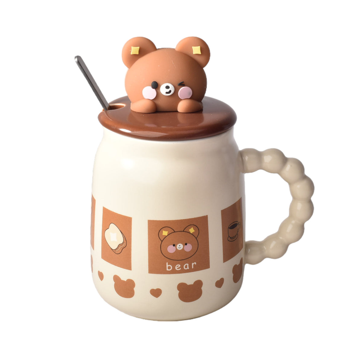 mug pocillo con tapa y cuchara ceramica diseños osos de 420m