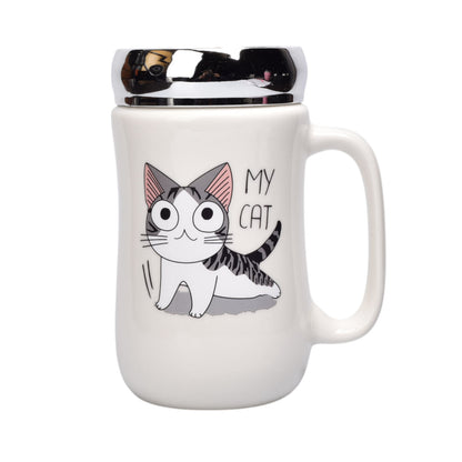 POCILLO CERAMICA DISEÑO GATO CON TAPA 450ML DIM:7X14