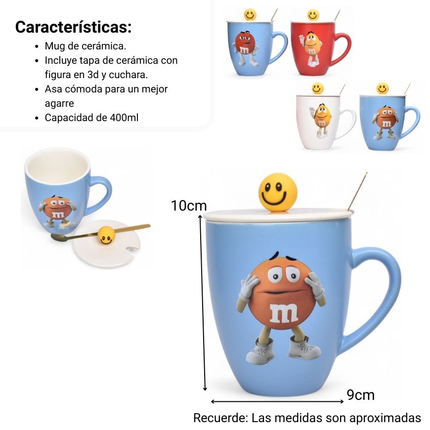 mug pocillo ceramica personaje con tapa y cuchara 400ml dim:10x9