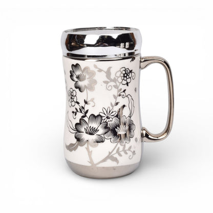 MUG POCILLO CERAMICA PLATEADO TAPA ESPEJO 420ML DIM:7X7X14