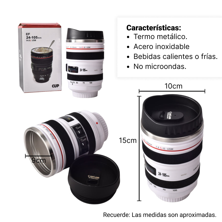 termo metalico 400ml vaso blanco forma lente camara