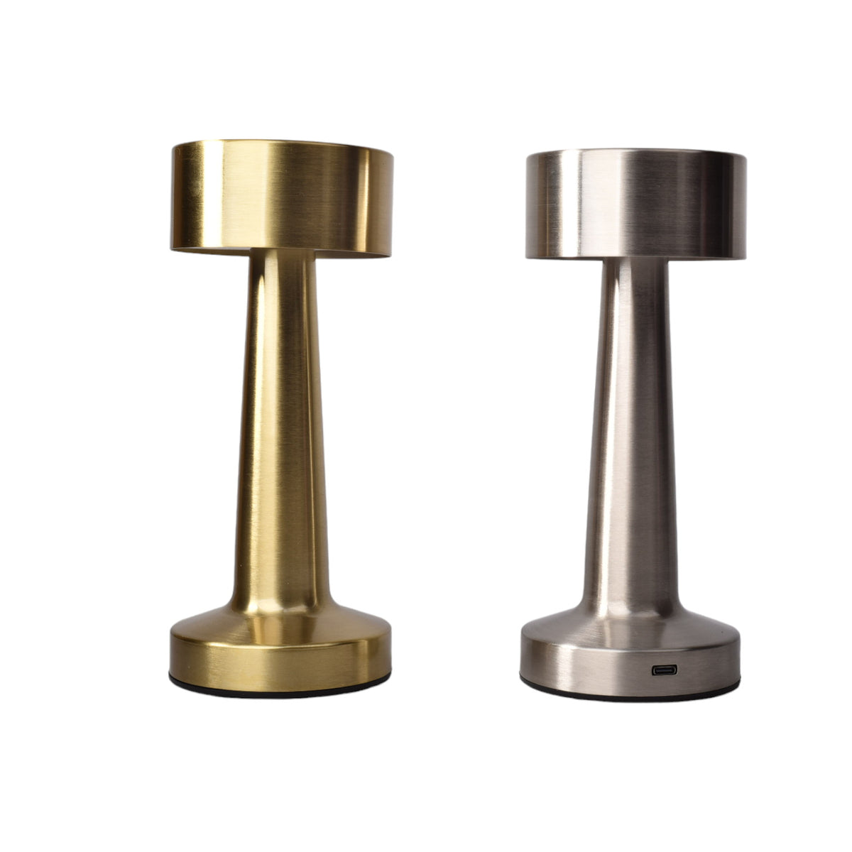 lampara de acero recargable con cable usb dorado y plateado