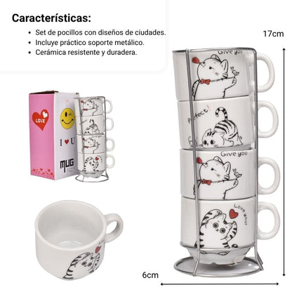 POCILLO SET 4PCS CERAMICA CON BASE DIM:7X17CM