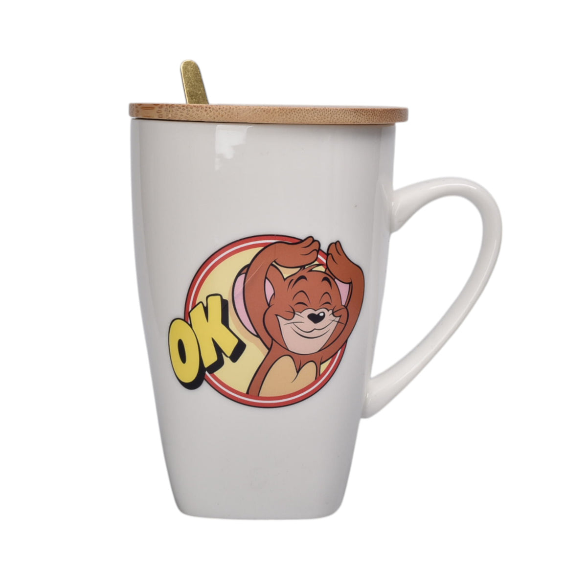 mug pocillo ceramica personaje con tapa de madera 380ml