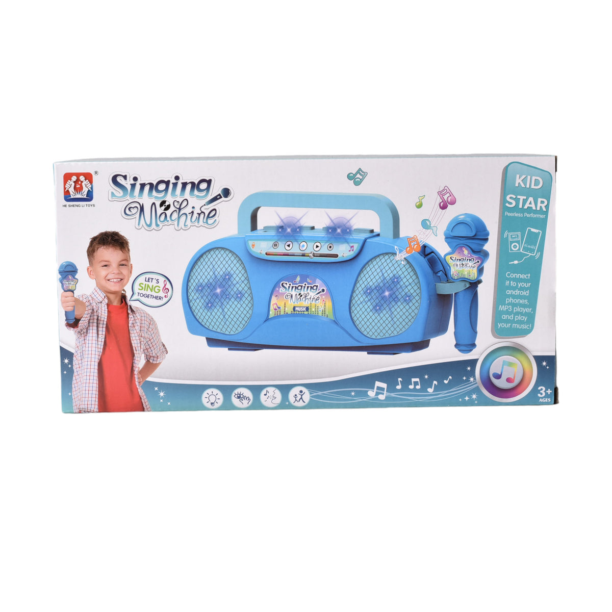 juguete karaoke azul con microfono de plastico con sonido