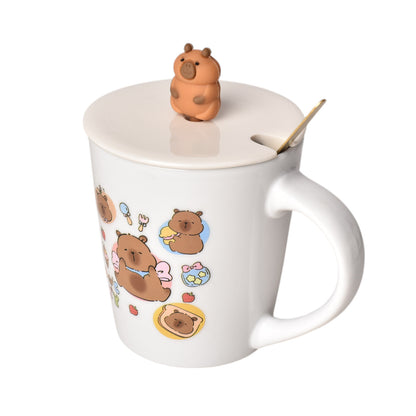MUG POCILLO CON TAPA CUCHARA CERAMICA DISEÑOS CAPYBARA 450ML