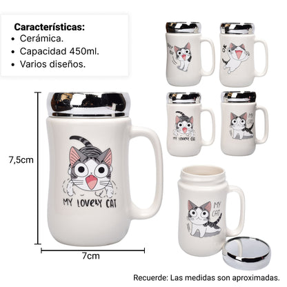 POCILLO CERAMICA DISEÑO GATO CON TAPA 450ML DIM:7X14