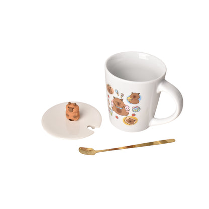 MUG POCILLO CON TAPA CUCHARA CERAMICA DISEÑOS CAPYBARA 450ML