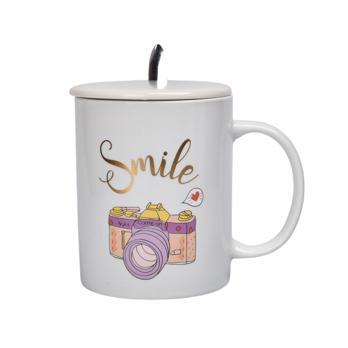 mug pocillo con tapa y  cuchara de ceramica varios diseños 350ml dim:8x8x9