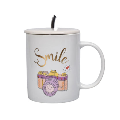 MUG POCILLO CON TAPA Y  CUCHARA DE CERAMICA VARIOS DISEÑOS 350ML DIM:8X8X9
