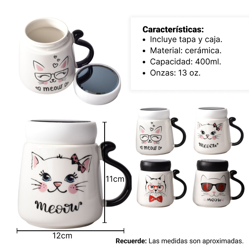 mug pocillo ceramica diseños de gatos con tapa de 450ml