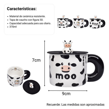 MUG POCILLO CERAMICA DISEÑOS DE VACAS CON TAPA DIM:9X9X7