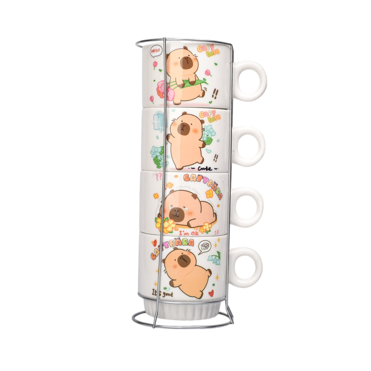 set 4pcs pocillos con base ceramica 250ml diseño capybara dim:8x8x8