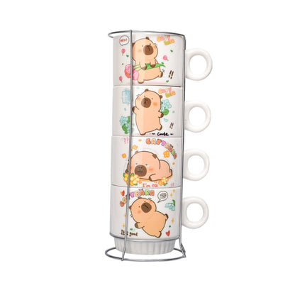 SET 4PCS POCILLOS CON BASE CERAMICA 250ML DISEÑO CAPYBARA DIM:8X8X8