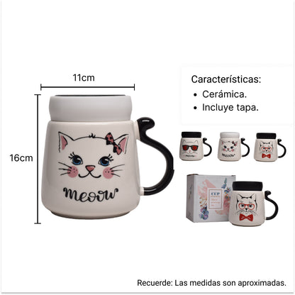 MUG POCILLO CON TAPA FORMA GATOS EN CERAMICA