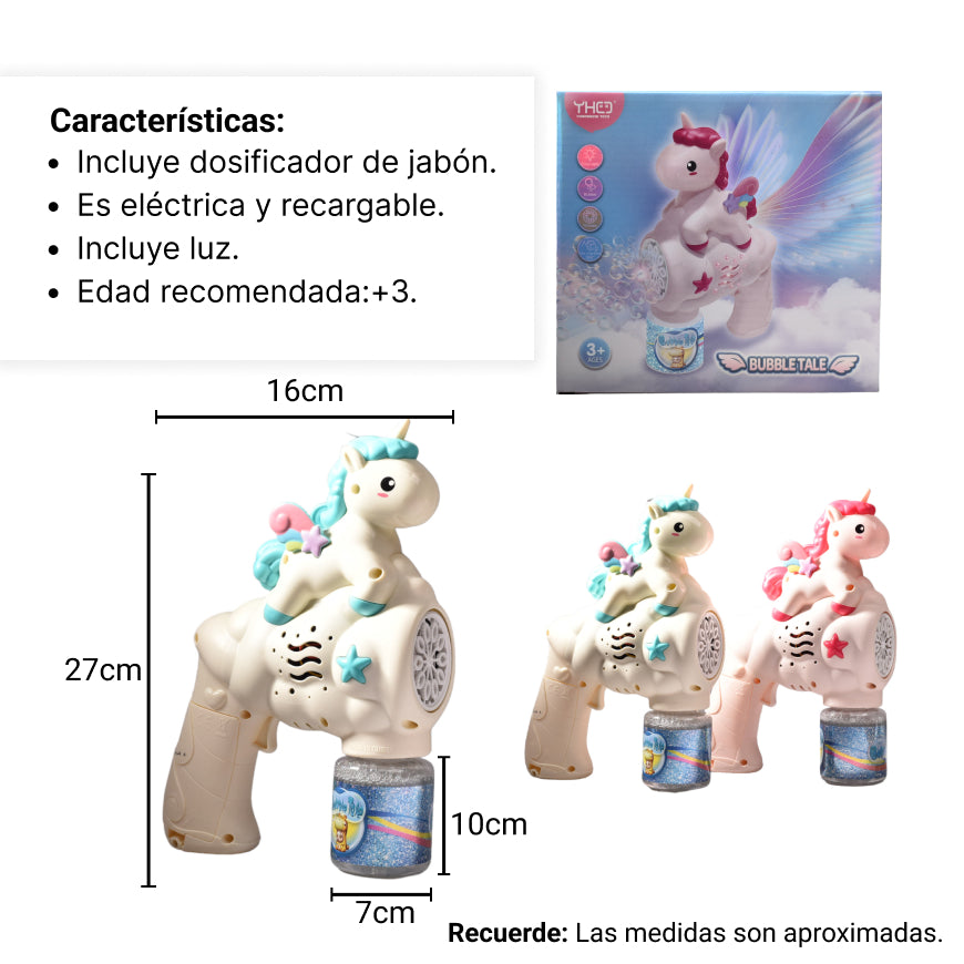 pistola de burbujas unicornio azul y rosada