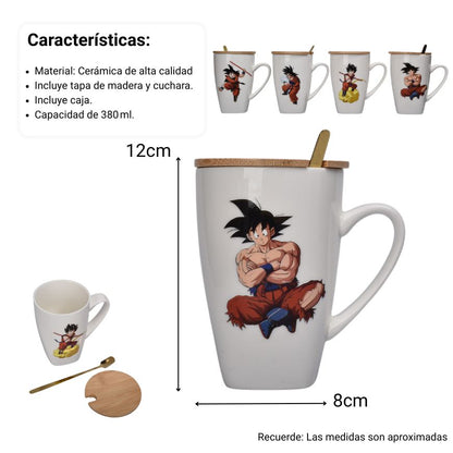 MUG POCILLO CERAMICA PERSONAJE CON TAPA DE MADERA 380ML
