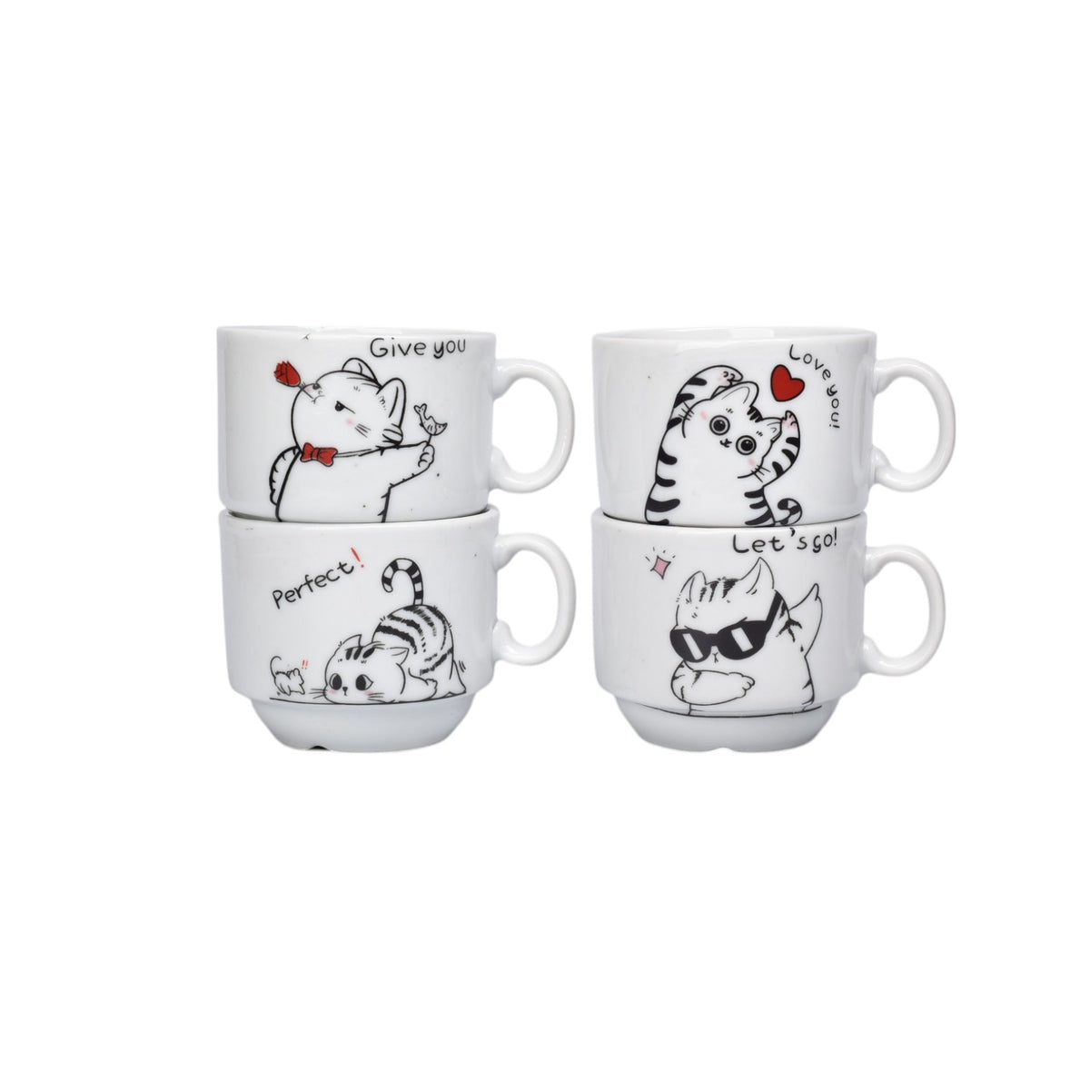 set 4pcs pocillos con base ceramica 60ml diseño gatos dim:6x5x5