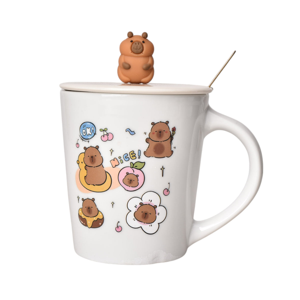 mug pocillo con tapa cuchara ceramica diseños capybara 450ml