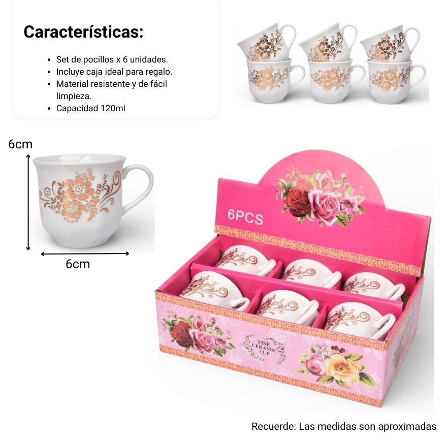 pocillo set 6pcs cermica fondo blanco diseños  120ml dim:7x7x6