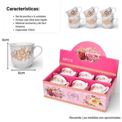 POCILLO SET 6PCS CERMICA FONDO BLANCO DISEÑOS  120ML DIM:7X7X6