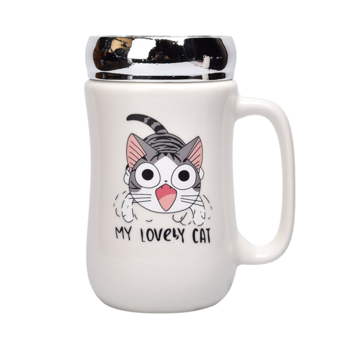 pocillo ceramica diseño gato con tapa 450ml dim:7x14