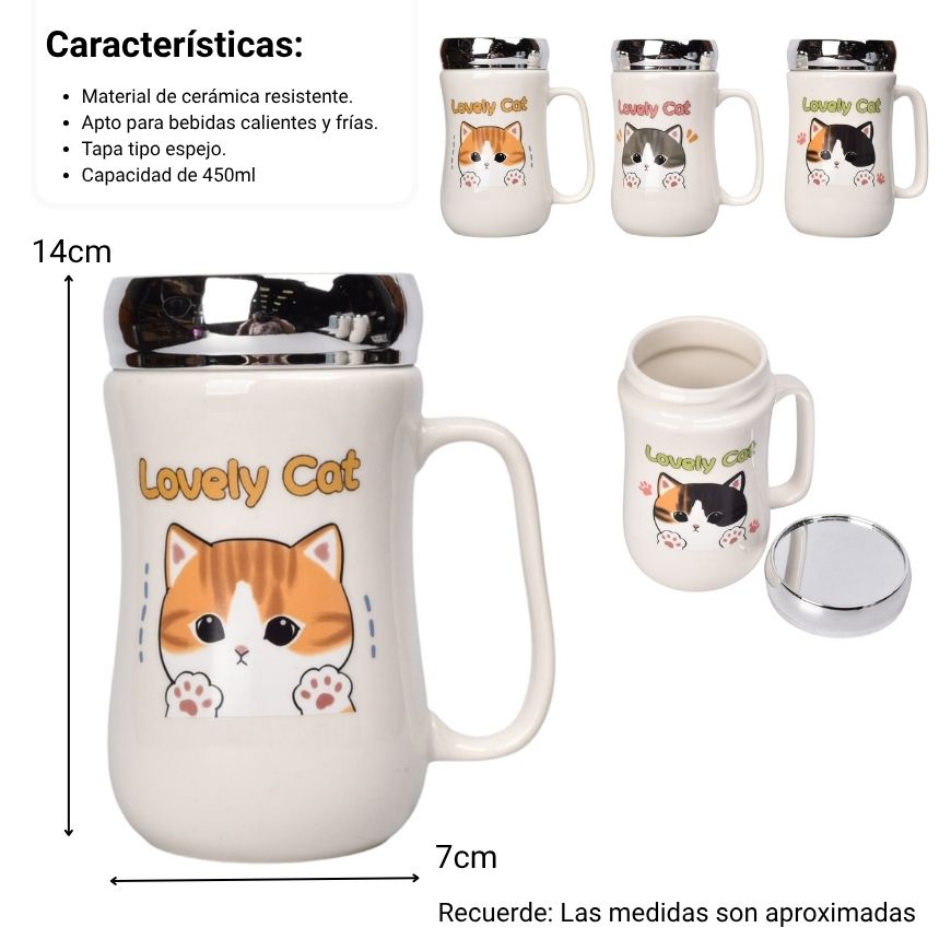 mug pocillo ceramica tapa espejo gatos 450ml