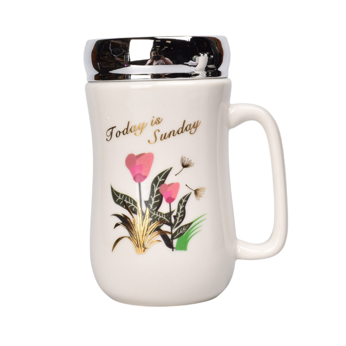 mug pocillo ceramica tapa espejo flores 450ml