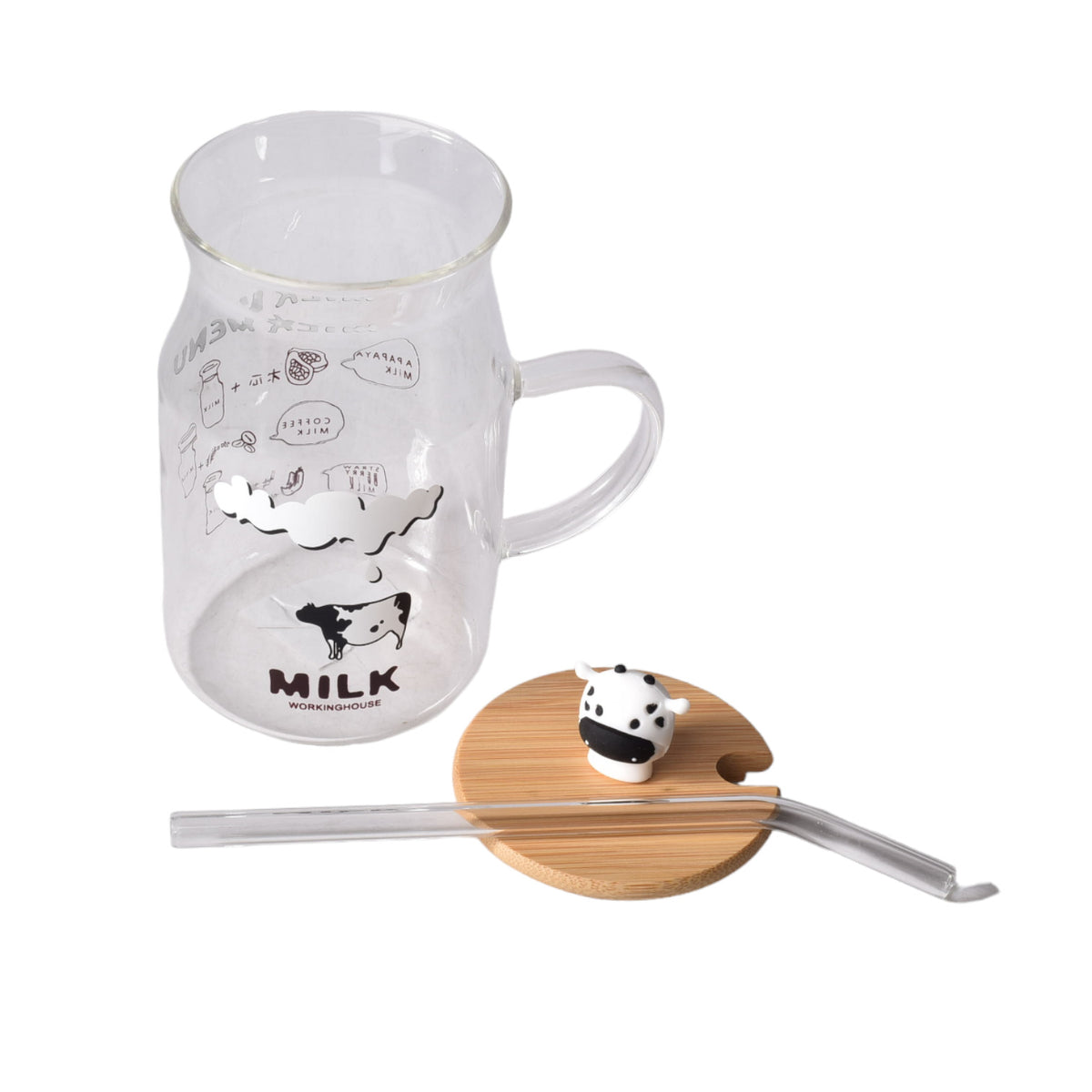 pocillo vidrio con tapa de madera y pitillo diseños de vacas