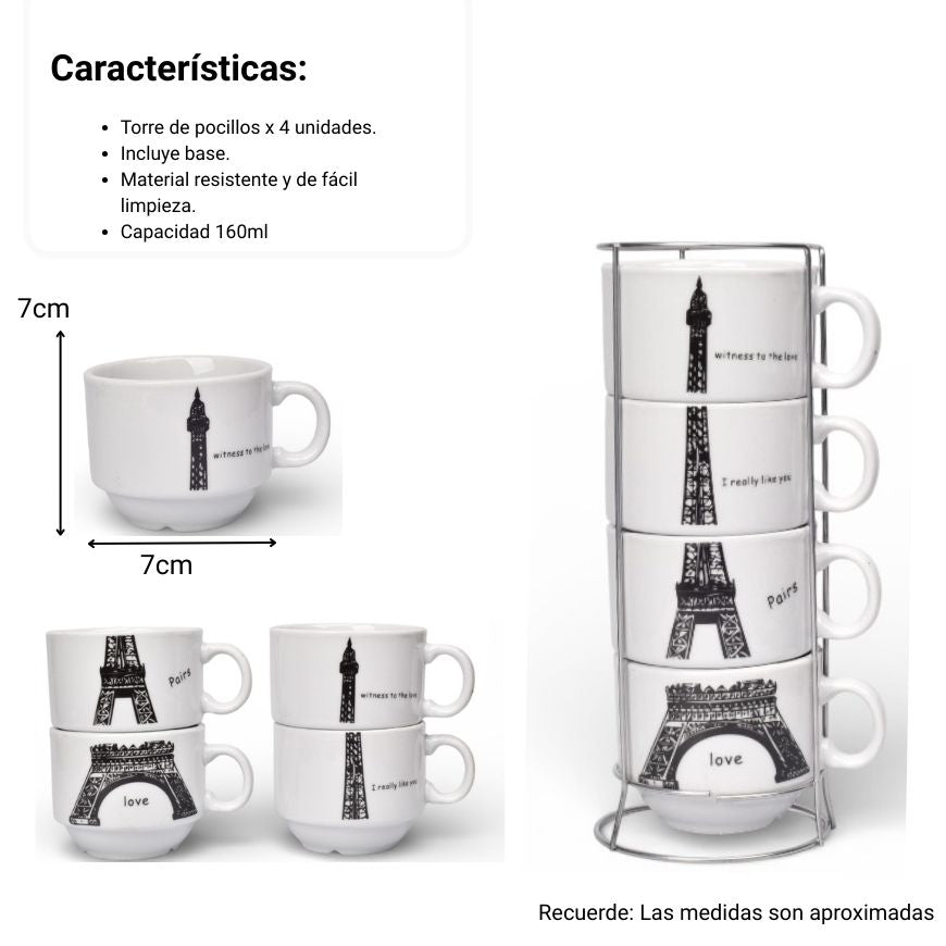 pocillo set 4pcs ceramica con base  160ml dim:7x7x6