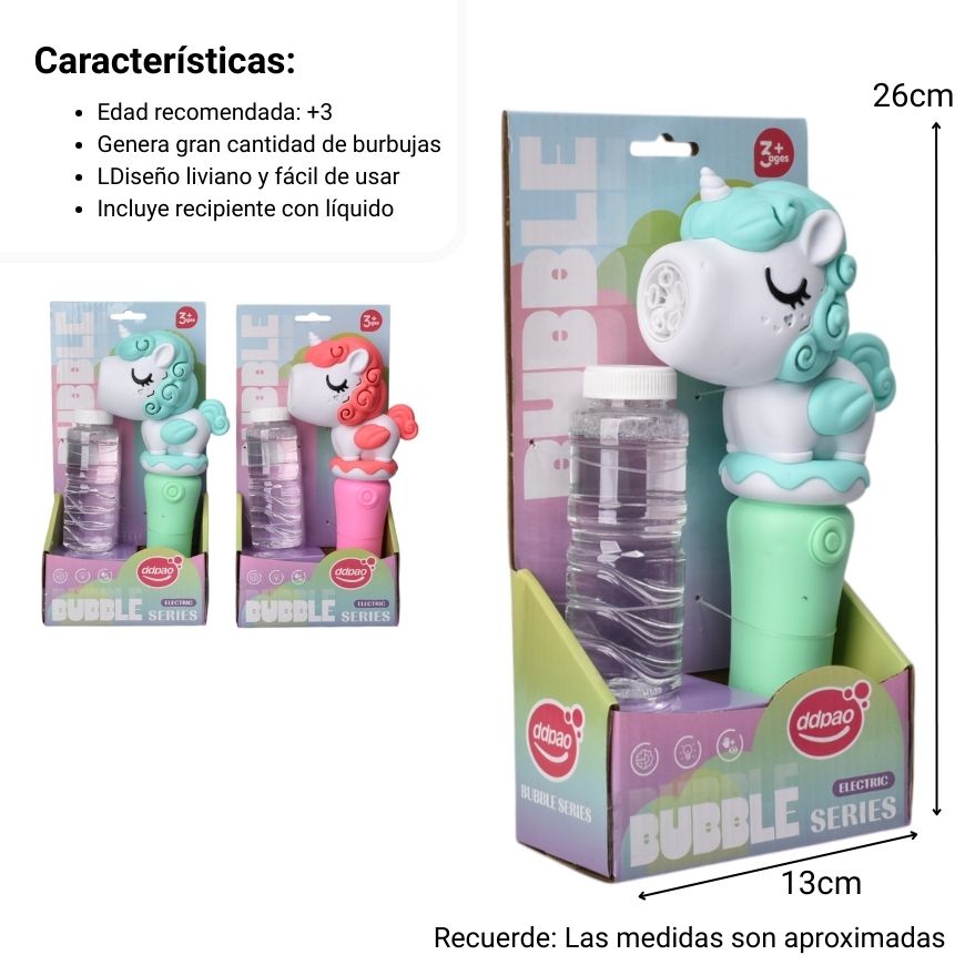 juguete pistola de burbujas unicornio plastico dim:13x6x26